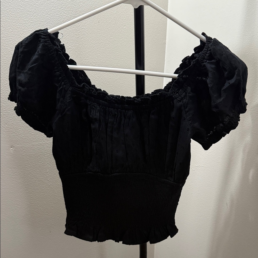 Hollister Black Smocked Puff-Sleeve Crop Top
